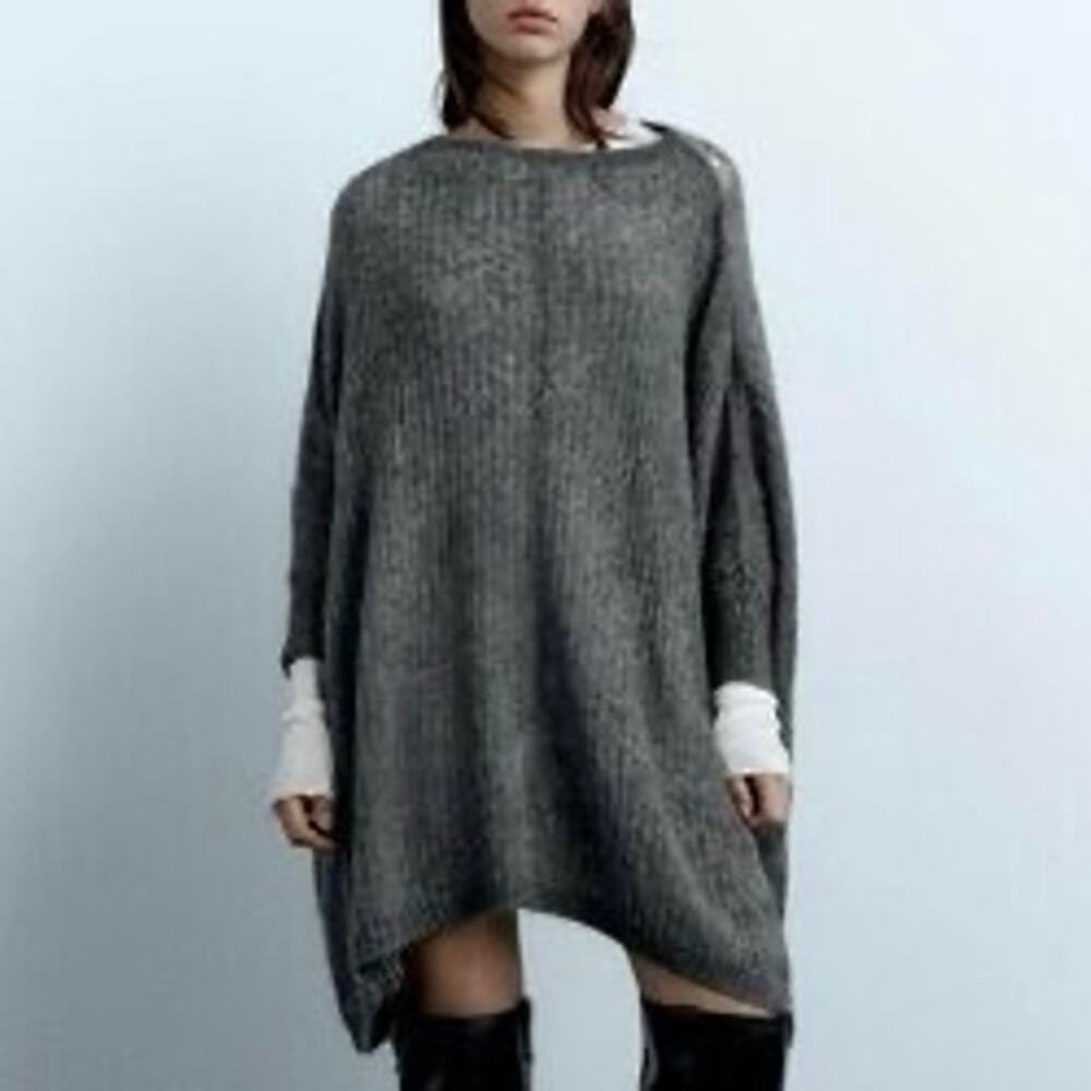 Zara cape Alpaca Wool Poncho sweater fuzzy knit pullover gray oversized M medium